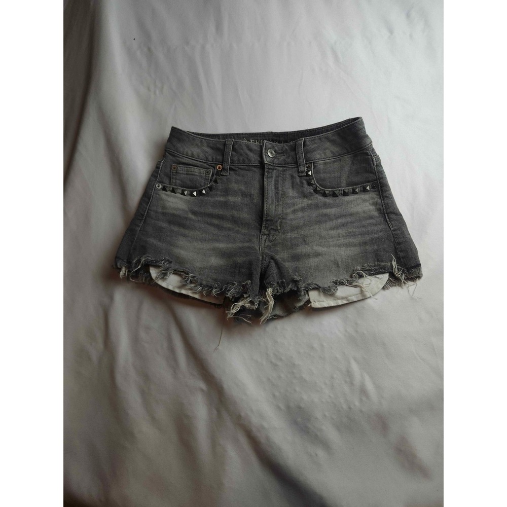 American Eagle Hi-Rise Festival Denim Short Women Gray Studded Frayed Cutoff - 0